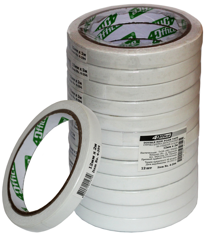 Клейка стрічка канцелярська 4OFFICE двостороння (4-394), 12мм х 2м, біла, пінна основа